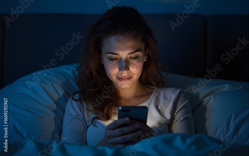 Young woman suffering from insomnia scrolling on smartphone in bed at night. High quality