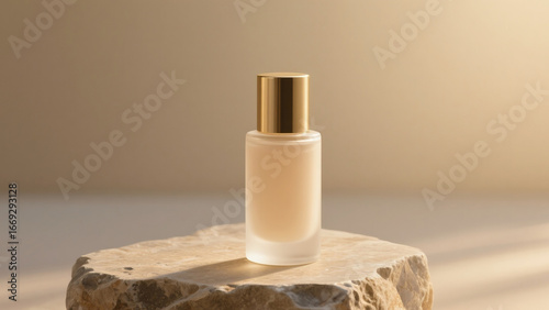 Minimalist cosmetic bottle with white cap and frosted glass, standing on natural stone with warm sunlight. Luxury skincare product photography for beauty, cosmetic branding, and natural skincare mocku