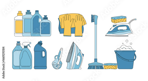 Professional cleaning supplies set for home cleaning services and housekeeping businesses need for their work