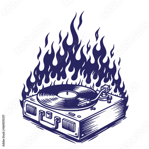 Vintage turntable in flames illustration retro music vinyl record player design