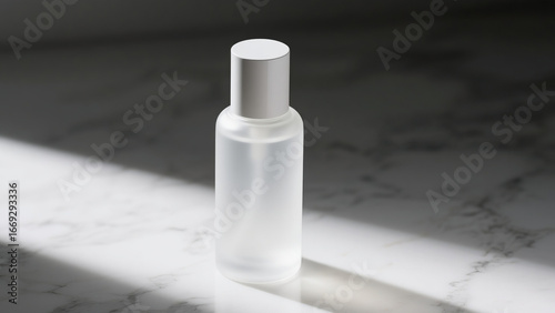 Minimalist skincare bottle with pump on white marble background. Clean beauty concept, cosmetic packaging mockup, luxury skincare product photography for advertising and branding.