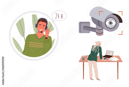Person with headset providing 24-hour customer service, surveillance camera monitoring, individual working at desk with laptop. Ideal for technology, teamwork, communication, business, monitoring