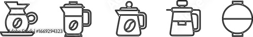 Set of outline icons depicting various coffee makers and brewing equipment.