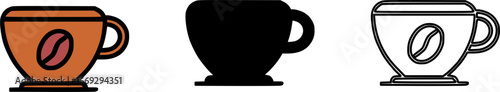 Coffee mug vector icons in color, silhouette, and outline styles for design.