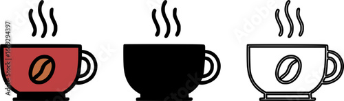 Set of steaming coffee cups in different styles: color, solid, outline.