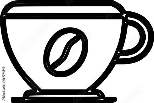 Outline drawing of a coffee cup with a coffee bean design.