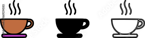 Vector icon set featuring coffee or tea mugs with steam, different styles.