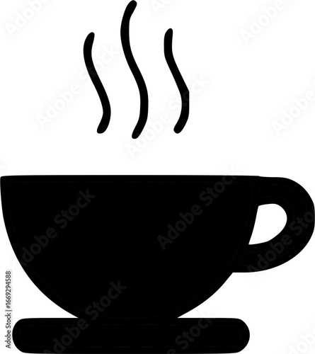 Simple black silhouette icon of a hot cup with steam rising. Ideal for menus.