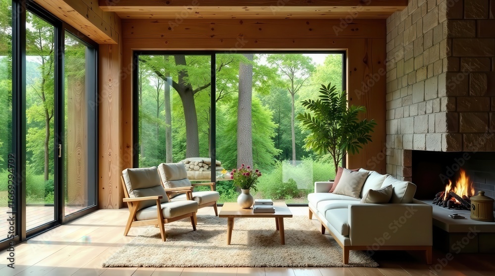 Fototapeta premium Serene Living Room Design with Expansive Forest Views and a Cozy Fireplace