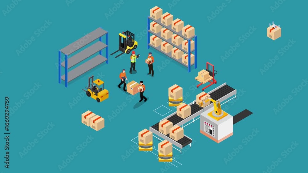 Warehouse Logistics and Automation with Workers and Machinery 3d ...