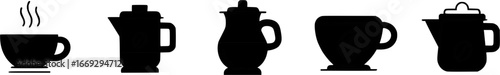 Collection of black coffee pots, mugs, and steaming cup silhouettes.