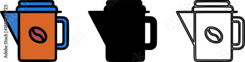 Stylized coffee pot icons in color, silhouette, and outline versions.