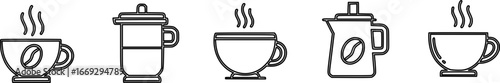 Vector set of steaming coffee cups, travel mugs, and a coffee pot in outline style.