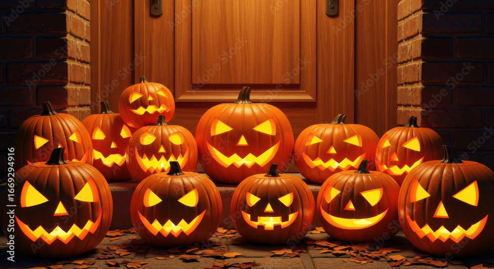 Obraz premium A collection of glowing carved halloween pumpkins with spooky faces displayed on a wooden porch at night
