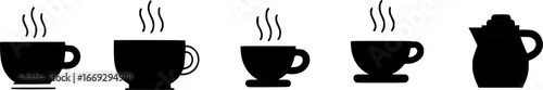 Set of steaming coffee cups, mugs, and a pot in black silhouette style.