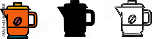 Vector icon set of coffee pot in flat, silhouette, and outline styles.
