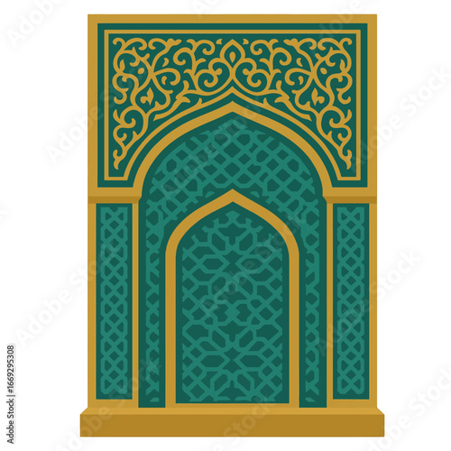 Ornate Islamic Prayer Niche Design in Teal and Gold. Islamic border