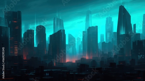 Futuristic High-Fidelity Cityscape with Towering Structures and Neon Glow in Modern Design