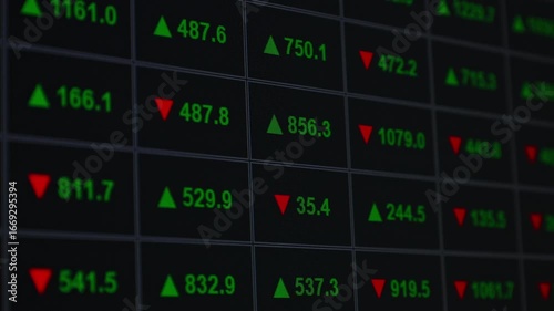 Monitor screen displaying stock price quotes with up and down arrows, stock quotes on a black background.
