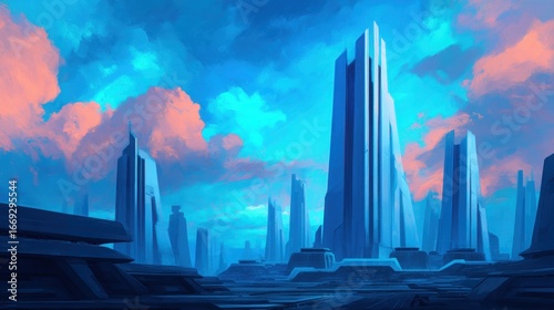 Futuristic Cityscape with Towering Structures Under Dramatic Sky in Vibrant Colors