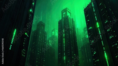 Futuristic Sci-Fi Utopia with Towering Carbon Absorption Monoliths in Green Light