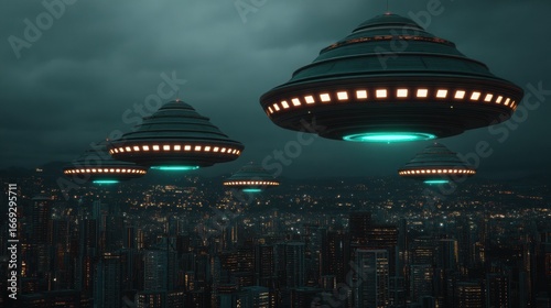 Futuristic Metropolis with Massive Airborne Spaceships at Dusk Over the Cityscape