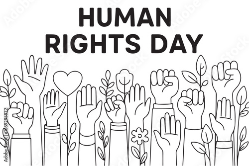 Vector artwork in black and white showing multiple clenched fists outlined in black, emphasizing courage, dignity, and collective empowerment for Human Rights Day.