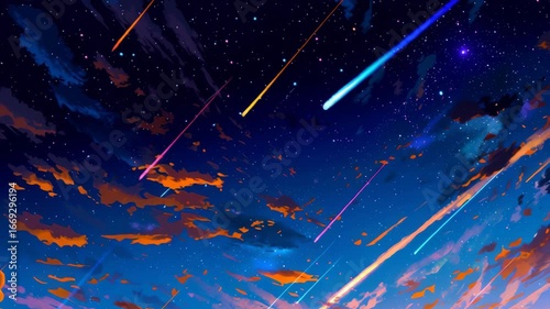 Vibrant Night Sky Colorful Clouds and Shooting Stars Create Magical, Serene Cosmic Atmosphere of Wonder and Beauty