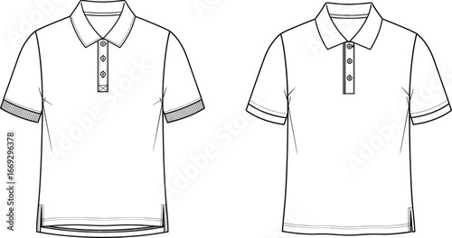 Polo shirt technical fashion sketch, flat vector illustration, garment construction detail, apparel design CAD drawing, sewing pattern template, collar placket style