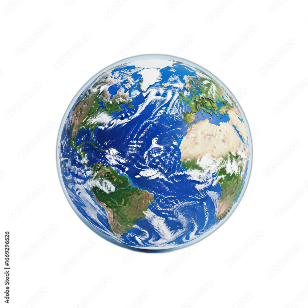 Fototapeta premium Detailed view of planet Earth showing continents, oceans, and atmospheric clouds in space.