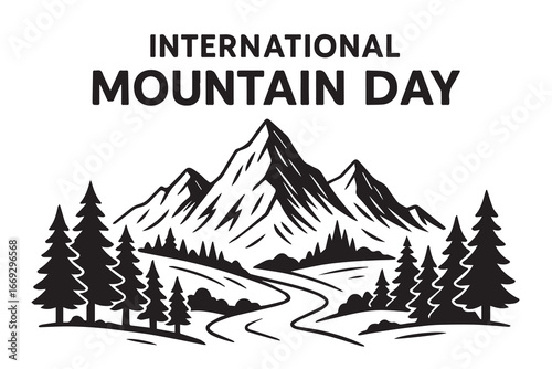 Black and white vector illustration of majestic mountains with bold black outlines, symbolizing nature, adventure, and conservation on the occasion of International Mountain Day.