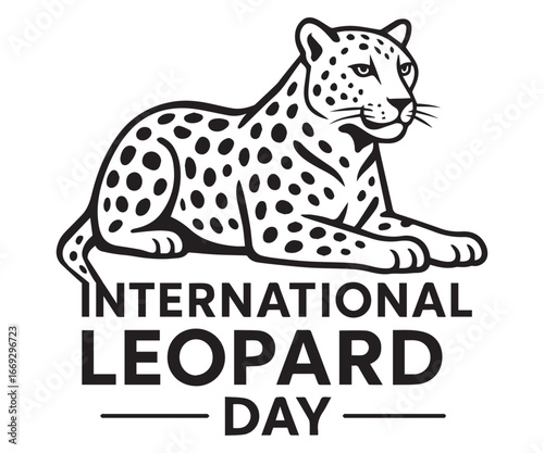 Black and white vector illustration of a leopard outlined in black, symbolizing speed, strength, and wildlife conservation for celebrating International Leopard Day.