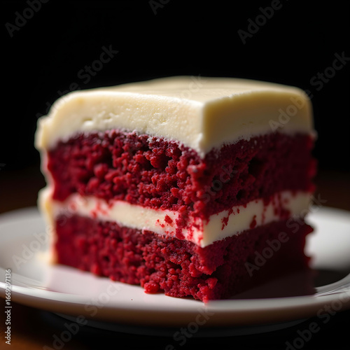 Exquisite Red Velvet Cake: Layers of Sweet Culinary Art with Cream Cheese Frosting in Delicious Food Photography