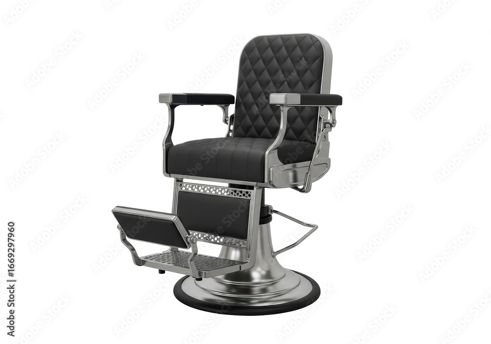 Naklejka premium Isolated Luxurious Black Leather Barber Chair with Chrome Accents on White Background