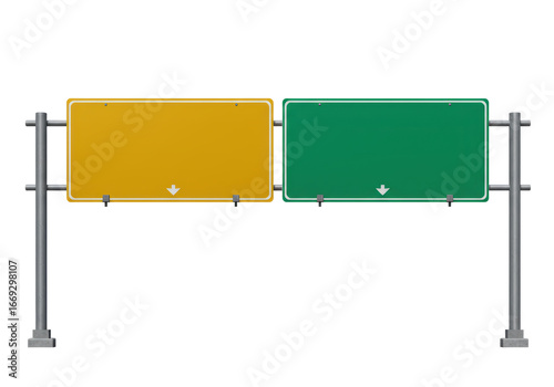 Tableau sur toile Isolated highway overhead gantry sign with yellow and green empty directional si