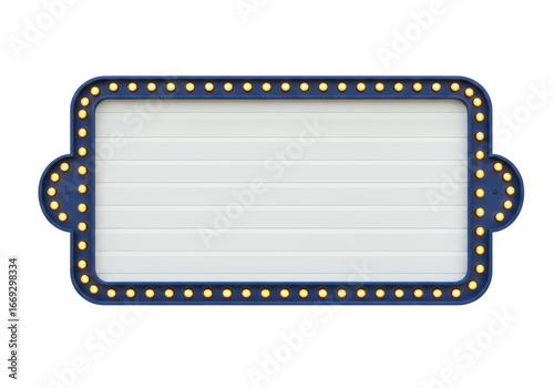 Isolated illuminated vintage theater sign with a blank white surface and a frame of shining yellow lights, 