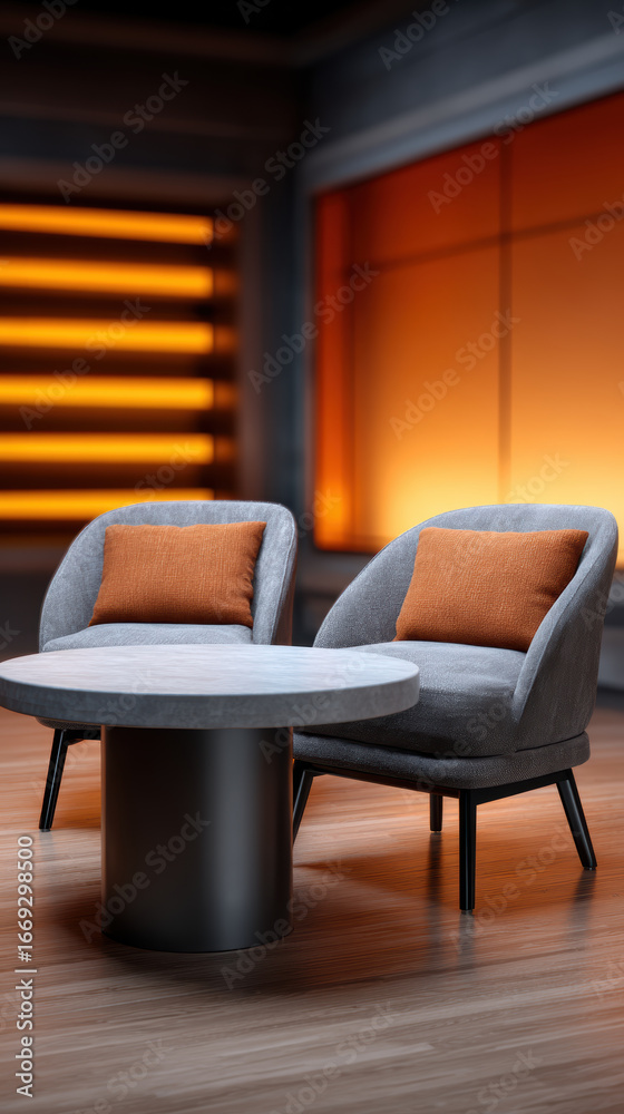Fototapeta premium Modern studio setting for measuring customer service satisfaction. professional waiting room with two armchair and table creates calm space for discussion and feedback