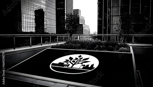 High-Contrast Black and White Urban Rooftop Garden with Eco-Friendly City and Tree Logo Amidst Modern Buildings