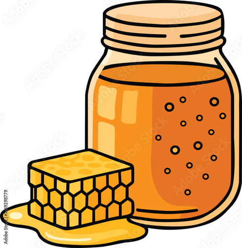 Sweet honey jar with honeycomb dripping golden liquid