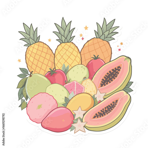 Pastel Watercolor Pile of Exotic Fruits Still Life Food Illustration