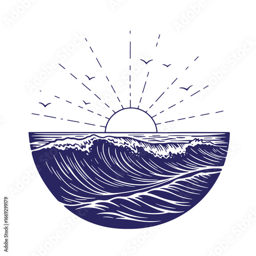 Artistic illustration of a sunset over the ocean with waves and soaring birds in a nautical style