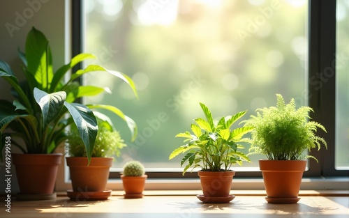 Indoor plants with green foliage in decorative pots occupy a sunlit corner Concepts of sustainability and wellness. High quality