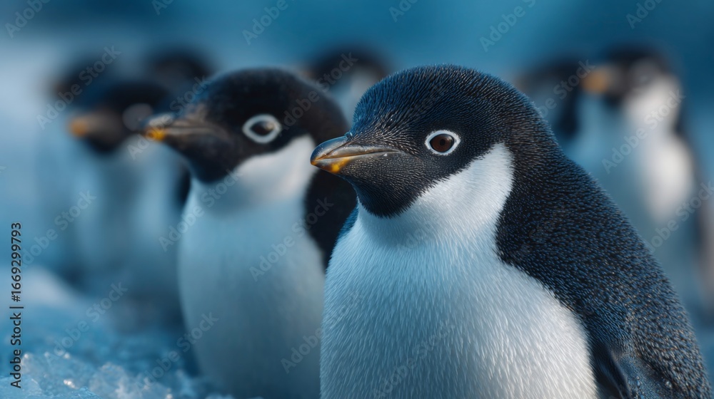 Obraz premium Penguin Close Up: A captivating close-up of a group of penguins, their distinctive black and white plumage standing out against the icy backdrop.