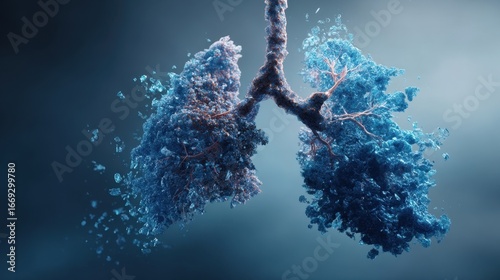3D respiratory image showing emphysematous lung sections with alveolar rupture and shrinkage effect using a calming bluegray gradient for clinical presentation.