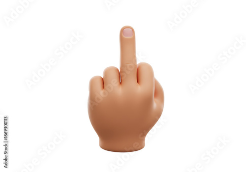 Isolated 3D rendering of an offensive hand gesture with the middle finger extended, mock up