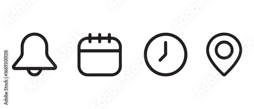 Notification, calendar, time and location icons isolated on white background.