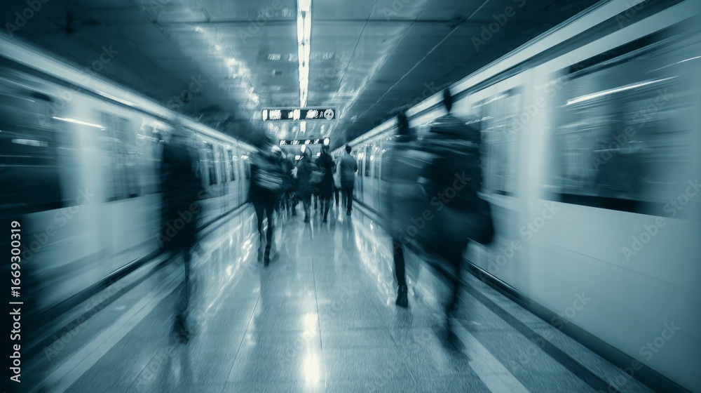 Fototapeta premium A bustling subway platform, filled with hurried commuters, as a train rapidly passes through the station.