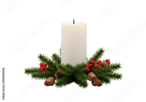 Isolated Christmas Candle Centerpiece with Pine Branches, Berries and Acorns Ornament