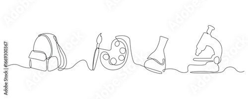 Continuous line drawing featuring a backpack, paint palette, flask, and microscope, symbolizing education, creativity, science, and artistic pursuits in a simple and elegant design.