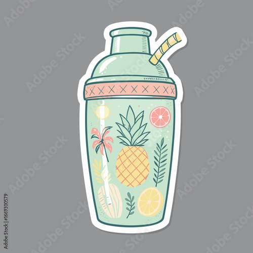 Hand Drawn Pastel Cocktail Shaker Illustration with Tropical Fruit Decoration